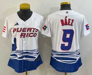 Womens Puerto Rico Baseball #9 Javier Baez White 2023 World Baseball Classic Stitched Jersey